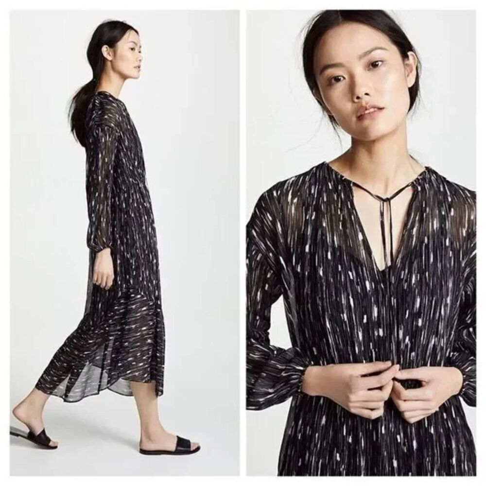 Vince 100% Silk Abstract Print Midi Dress XS | Black & White Long Sleeve